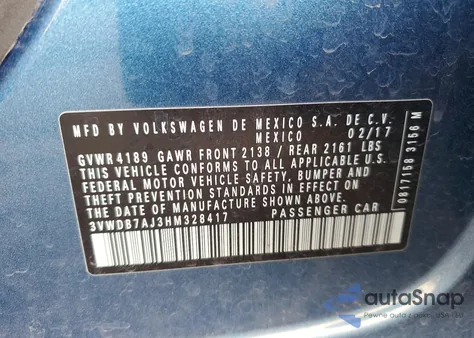 2017 Volkswagen Jetta Se z USA, uszkodzony, nr VIN 3VWDB7AJ3HM328417